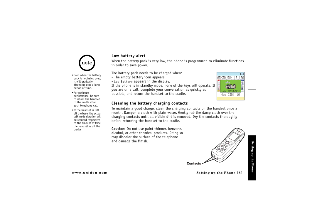 Uniden CLX475 owner manual Low battery alert, Cleaning the battery charging contacts 