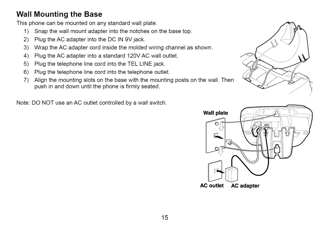 Uniden Cordless Telephone manual Wall Mounting the Base, Wall plate AC outlet AC adapter 