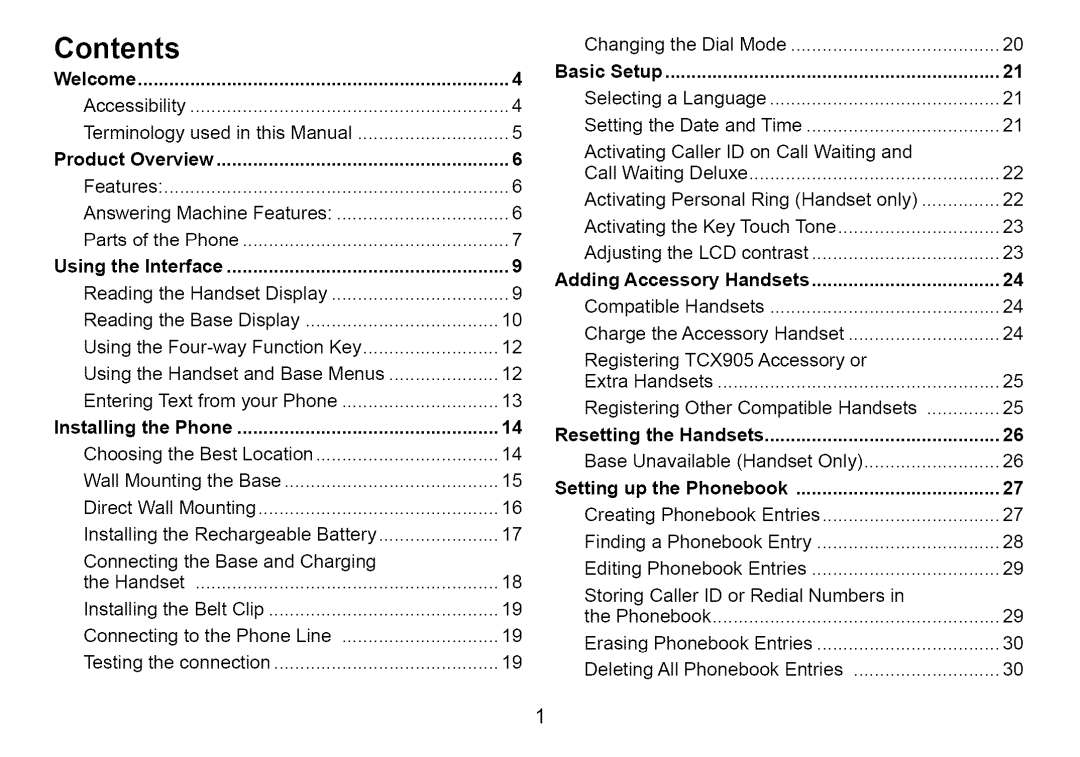 Uniden Cordless Telephone manual Contents 