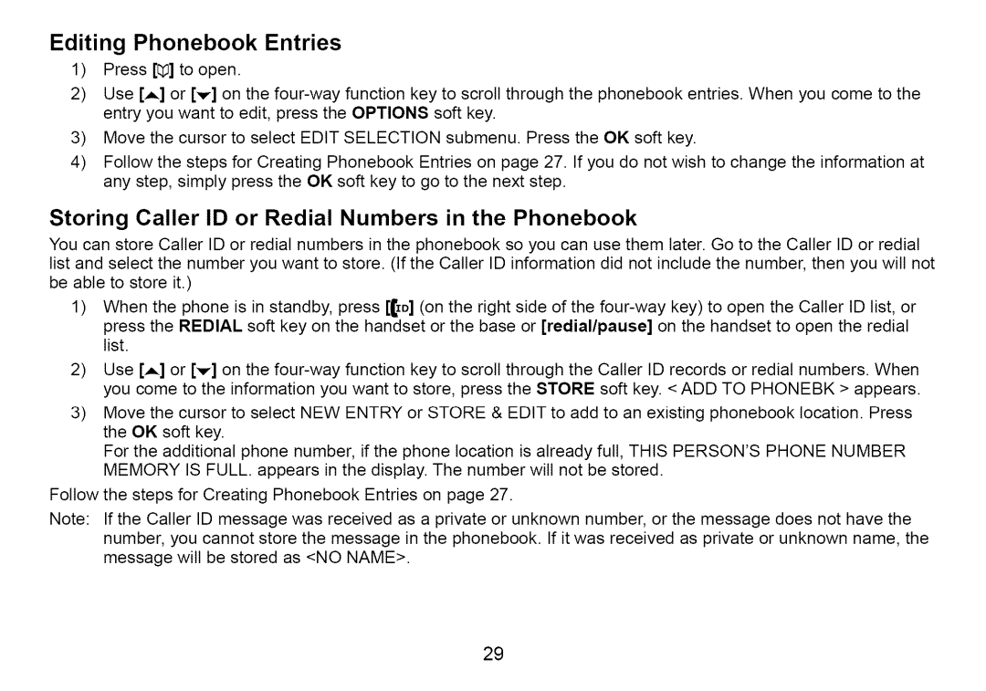 Uniden Cordless Telephone manual Editing Phonebook Entries, Storing Caller ID or Redial Numbers in the Phonebook 