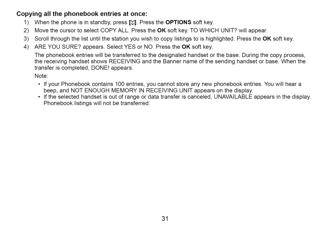 Uniden Cordless Telephone manual Copying all the phonebook entries at once 