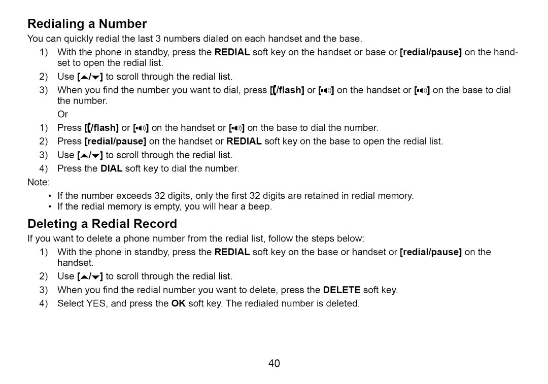 Uniden Cordless Telephone manual Redialing a Number, Deleting a Redial Record 