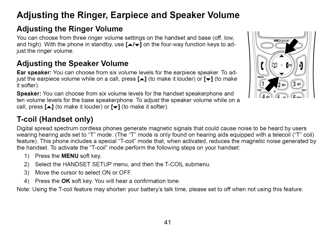 Uniden Cordless Telephone Adjusting the Ringer, Earpiece and Speaker Volume, Adjusting the Ringer Volume, CoilHandset only 