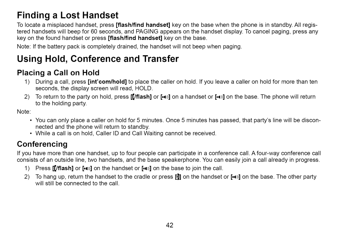 Uniden Cordless Telephone manual Finding a Lost Handset, Placing a Call on Hold 