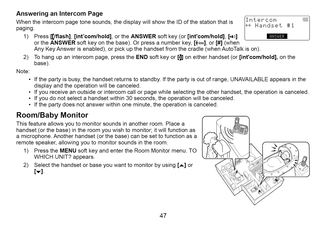 Uniden Cordless Telephone manual Room/Baby Monitor, Answering an Intercom 