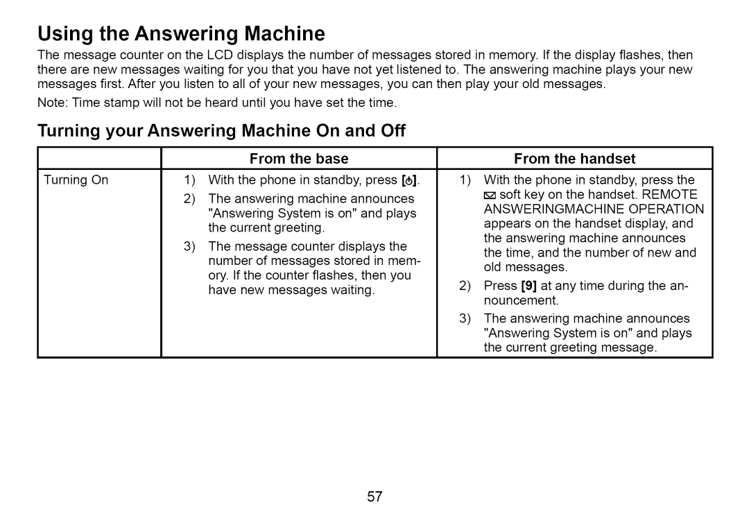 Uniden Cordless Telephone manual Using the Answering Machine, Turning your Answering Machine On and Off 