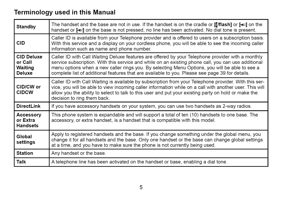 Uniden Cordless Telephone manual Terminology used in this Manual, ClD Deluxe, Incoming caller information while, Or Extra 