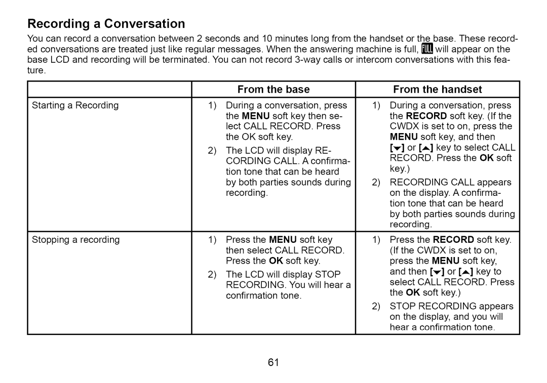 Uniden Cordless Telephone manual Recording a Conversation, From Base 