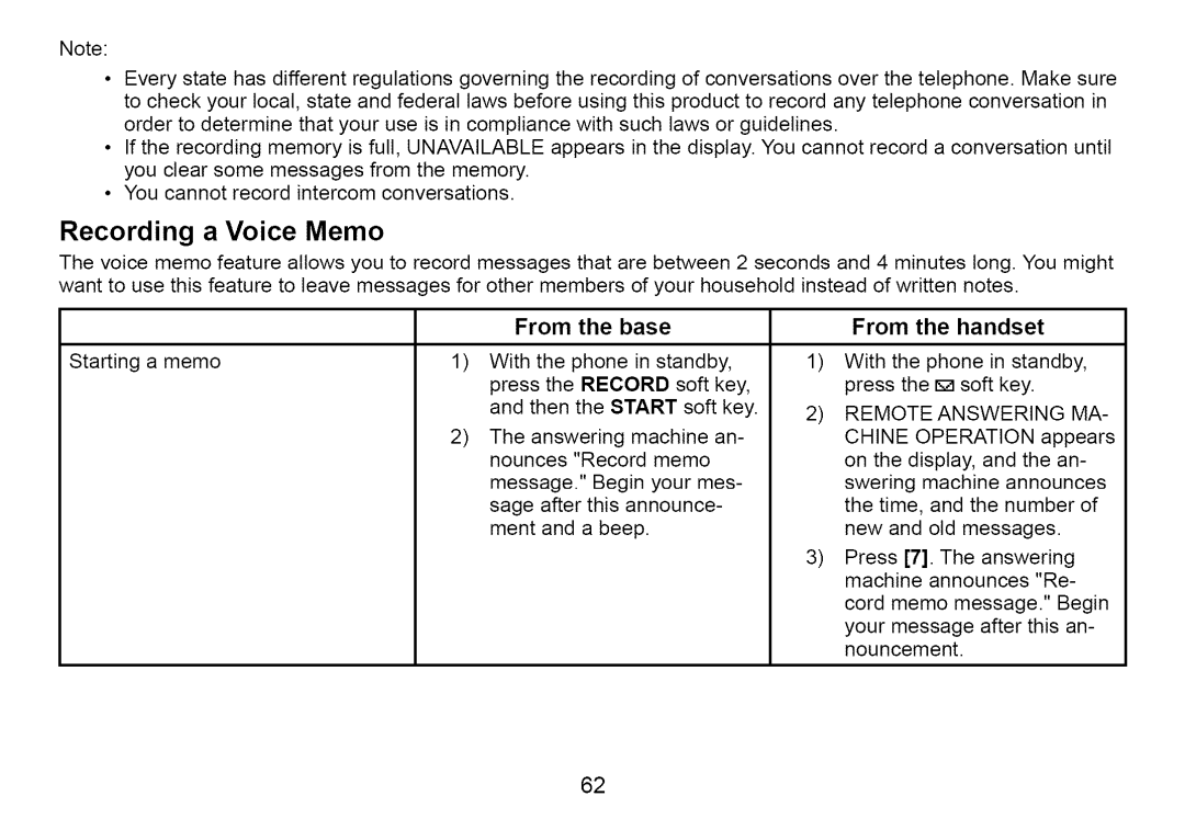 Uniden Cordless Telephone manual Recording a Voice Memo 