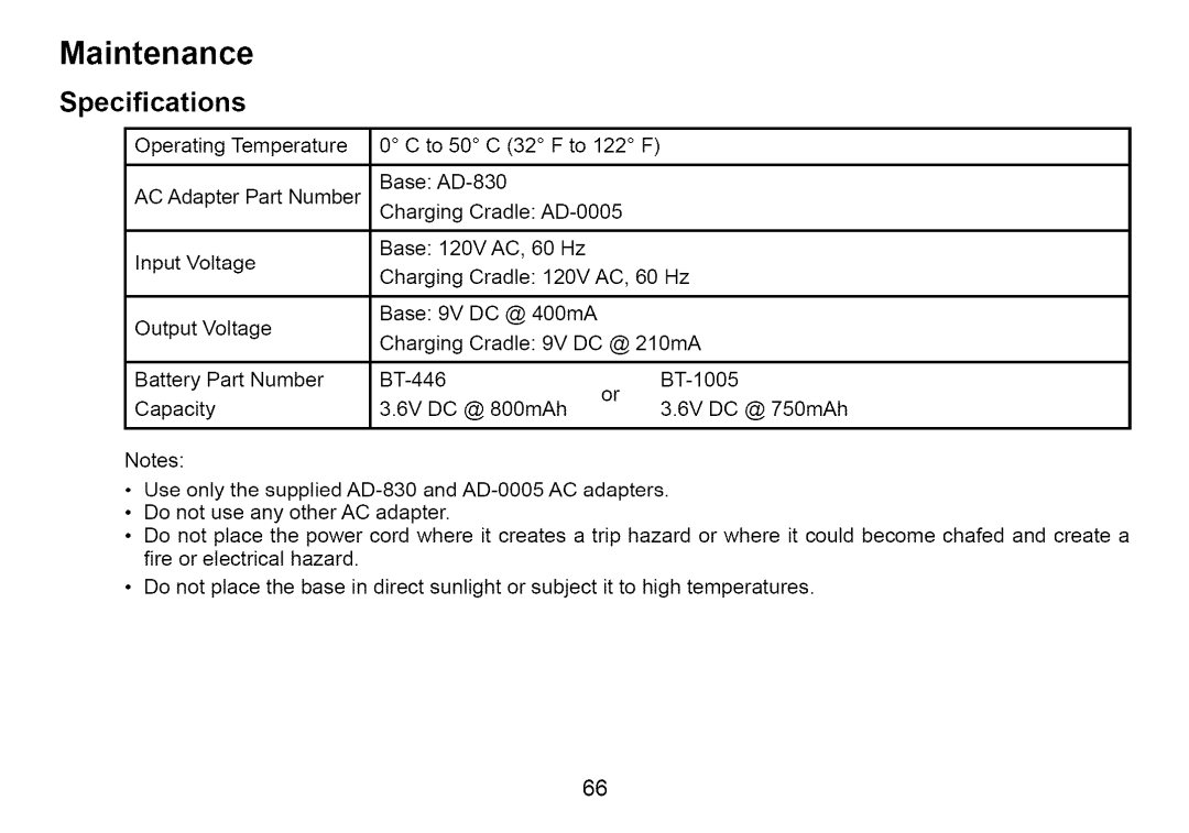 Uniden Cordless Telephone manual Maintenance, Specifications 