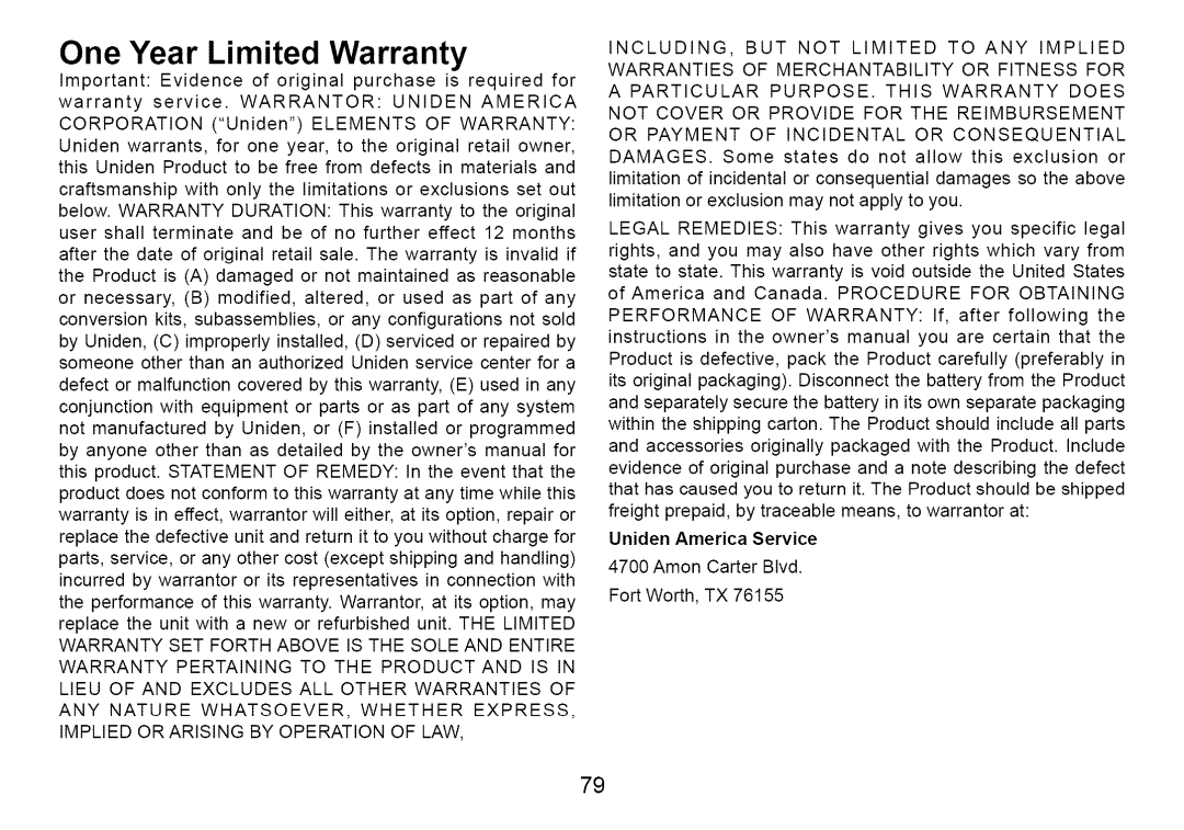 Uniden Cordless Telephone manual One Year Limited Warranty 