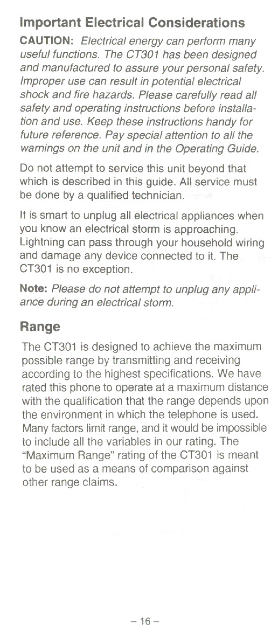 Uniden CT301 manual Important Electrical Considerations, Range 