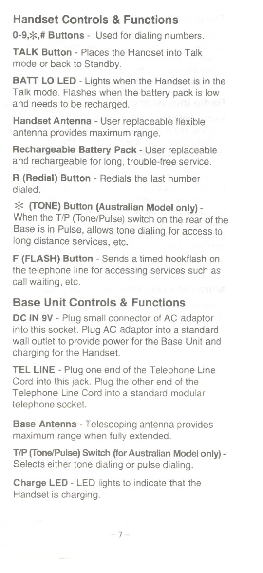 Uniden CT301 manual Handset Controls & Functions, Base Unit Controls & Functions 