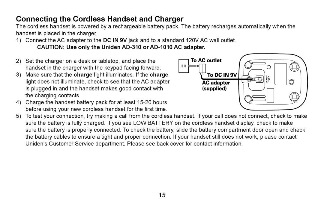 Uniden CXA 15698 manual Connecting the Cordless Handset and Charger 