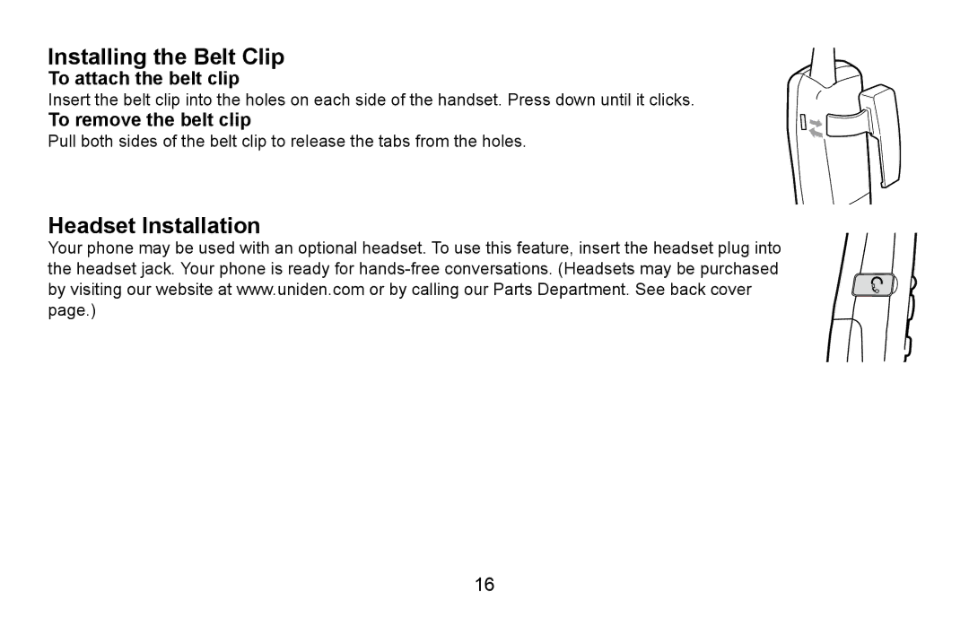 Uniden CXA 15698 manual Installing the Belt Clip, Headset Installation, To attach the belt clip, To remove the belt clip 