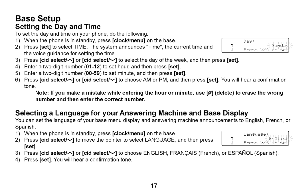 Uniden CXA 15698 manual Base Setup, Setting the Day and Time 