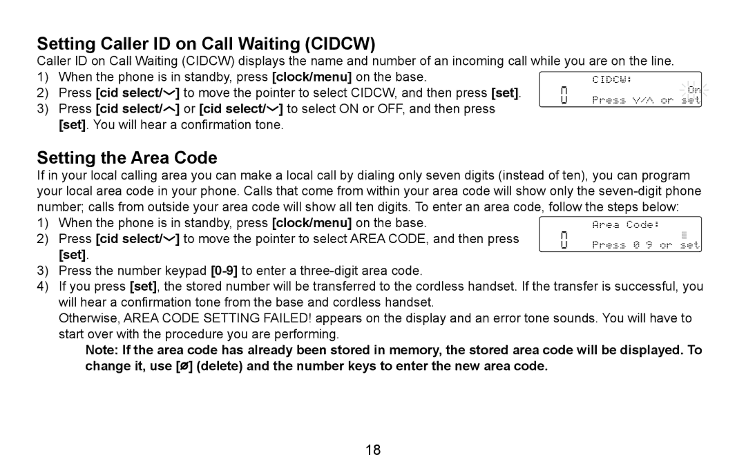 Uniden CXA 15698 manual Setting Caller ID on Call Waiting Cidcw, Setting the Area Code, Press cid select 