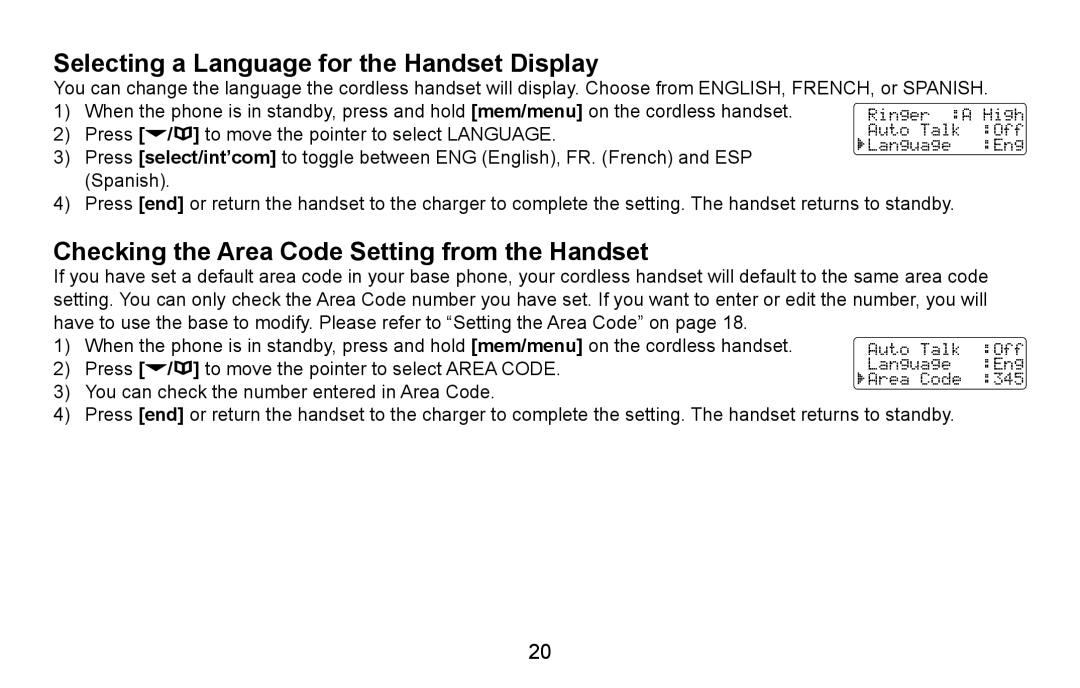 Uniden CXA 15698 manual Selecting a Language for the Handset Display, Checking the Area Code Setting from the Handset 