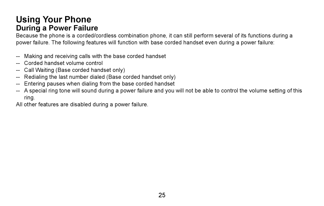 Uniden CXA 15698 manual Using Your Phone, During a Power Failure 