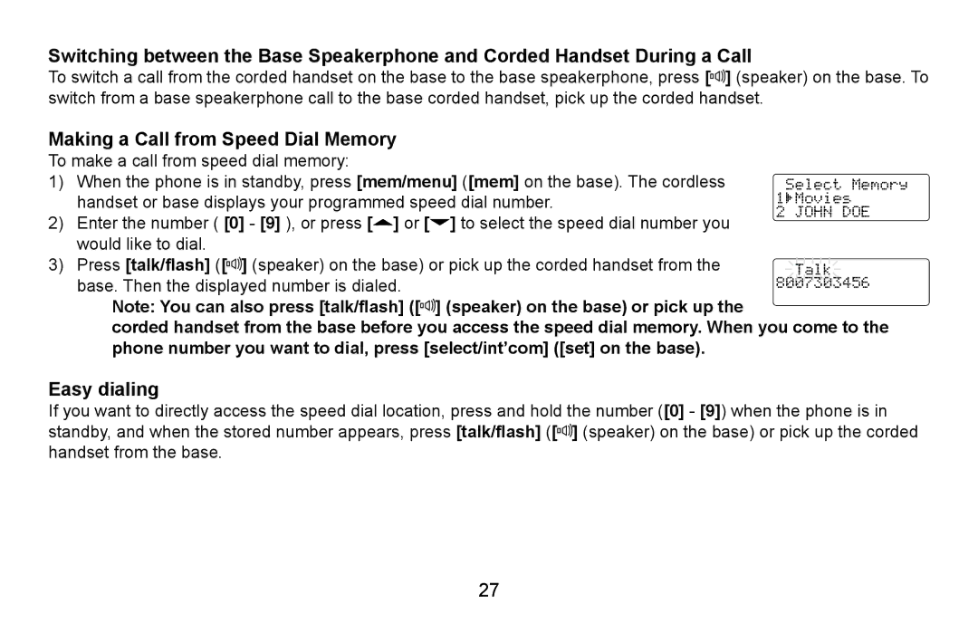 Uniden CXA 15698 manual Making a Call from Speed Dial Memory, Easy dialing 