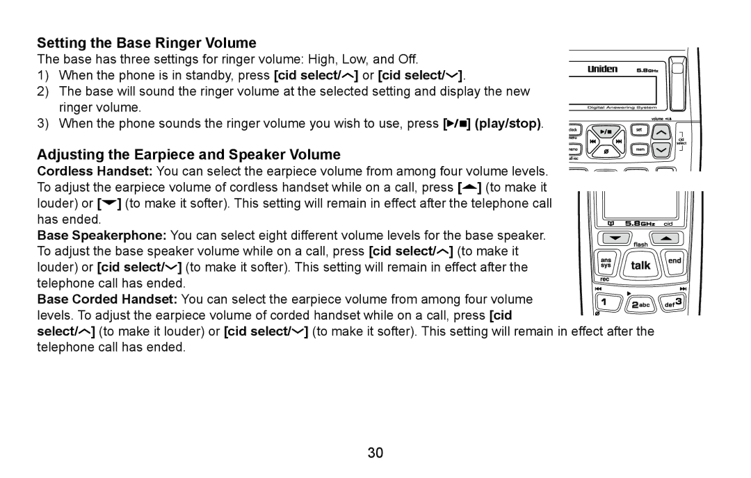 Uniden CXA 15698 manual Setting the Base Ringer Volume 