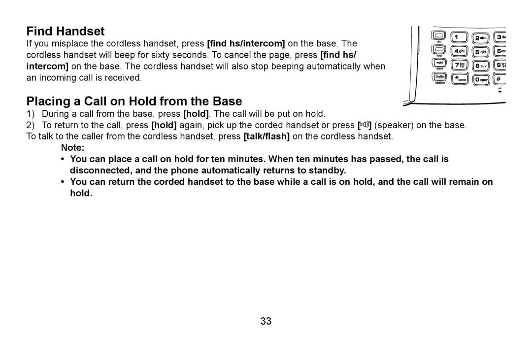 Uniden CXA 15698 manual Find Handset, Placing a Call on Hold from the Base 