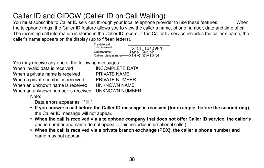 Uniden CXA 15698 manual Caller ID and Cidcw Caller ID on Call Waiting 