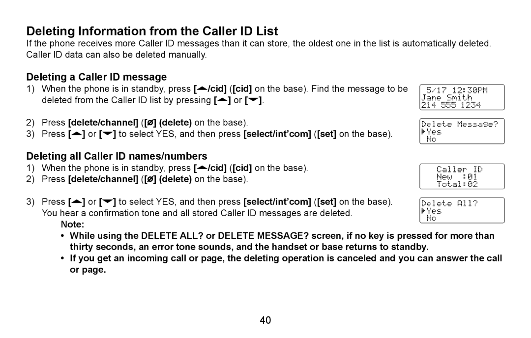 Uniden CXA 15698 manual Deleting Information from the Caller ID List, Deleting a Caller ID message 