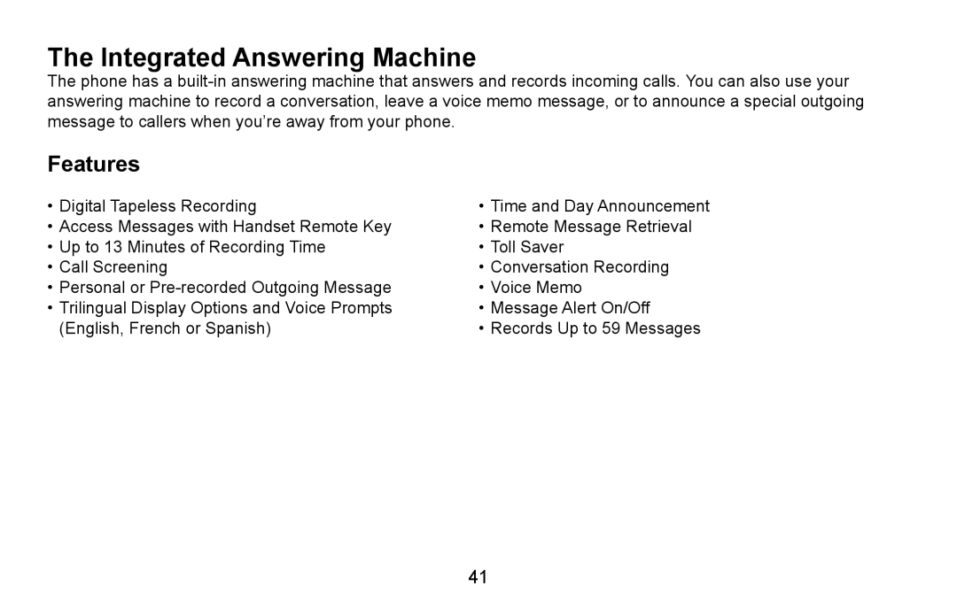 Uniden CXA 15698 manual Integrated Answering Machine, Features 