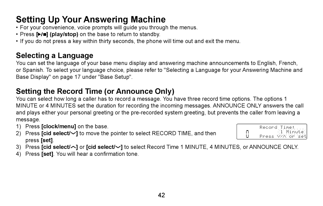 Uniden CXA 15698 manual Setting Up Your Answering Machine, Selecting a Language, Setting the Record Time or Announce Only 