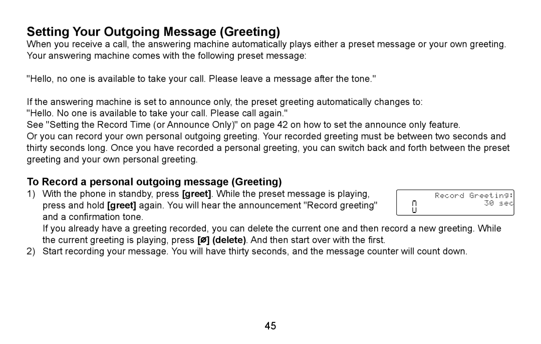 Uniden CXA 15698 manual Setting Your Outgoing Message Greeting, To Record a personal outgoing message Greeting 