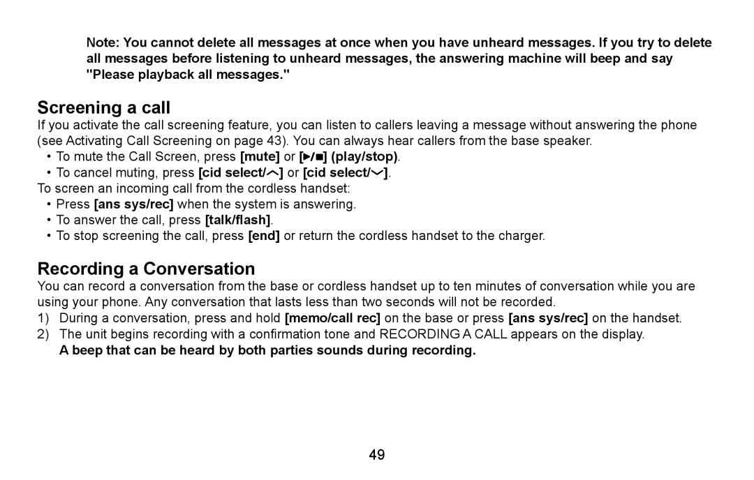 Uniden CXA 15698 manual Screening a call, Recording a Conversation 