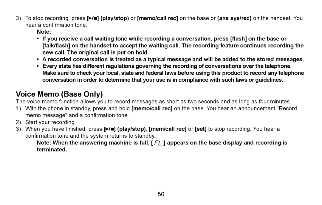 Uniden CXA 15698 manual Voice Memo Base Only, Appears on the base display and recording is, Terminated 