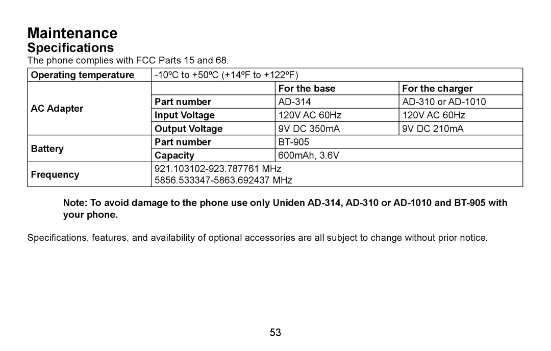 Uniden CXA 15698 manual Maintenance, Specifications 