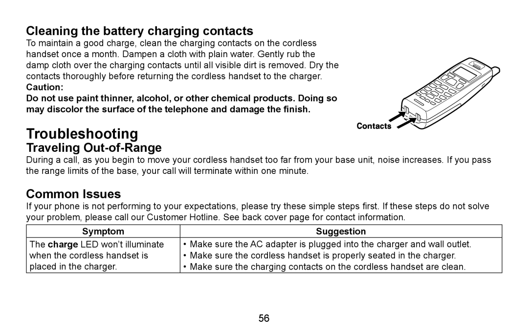 Uniden CXA 15698 manual Troubleshooting, Cleaning the battery charging contacts, Traveling Out-of-Range, Common Issues 