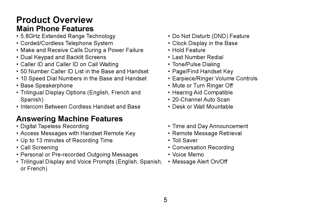 Uniden CXA 15698 manual Product Overview, Main Phone Features, Answering Machine Features 