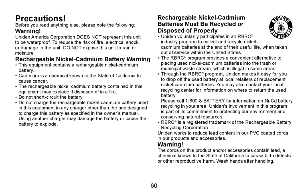 Uniden CXA 15698 manual Precautions, Rechargeable Nickel-Cadmium Battery Warning 