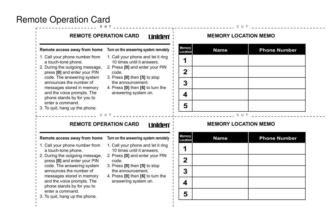 Uniden CXA 15698 manual Remote Operation Card Memory Location Memo 