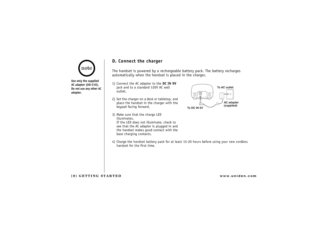 Uniden CXAI 5198 owner manual Connect the charger 