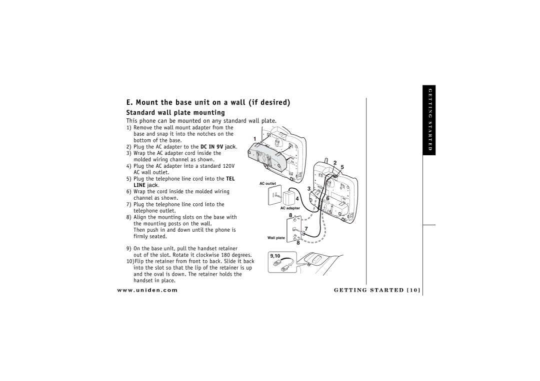 Uniden CXAI 5198 owner manual Mount the base unit on a wall if desired, Standard wall plate mounting 