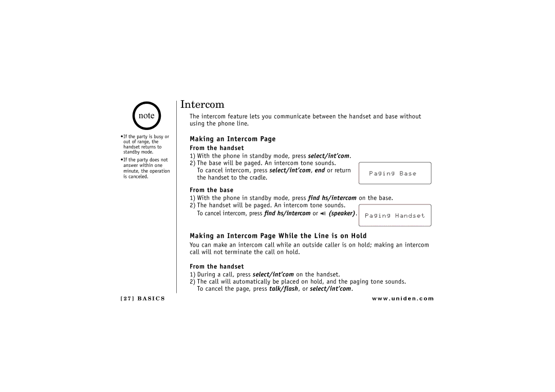 Uniden CXAI 5198 owner manual Making an Intercom Page While the Line is on Hold 