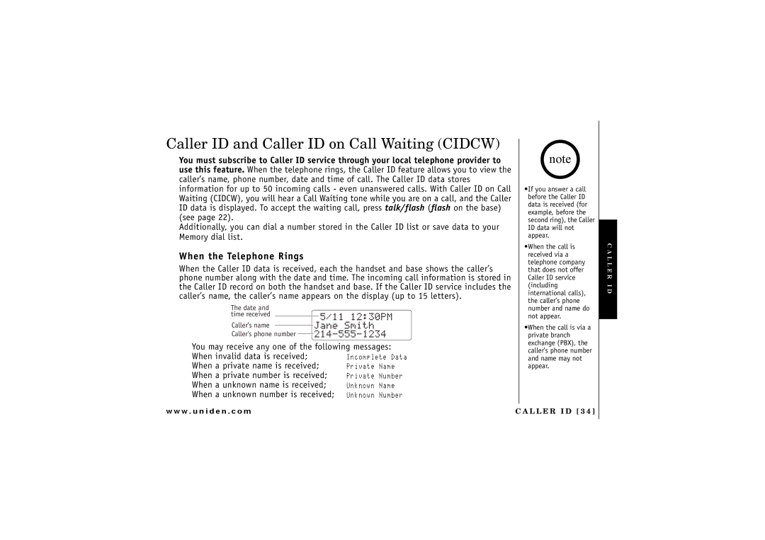 Uniden CXAI 5198 owner manual Caller ID and Caller ID on Call Waiting Cidcw, When the Telephone Rings 