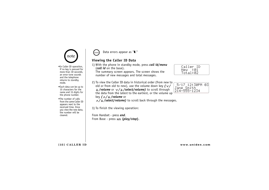 Uniden CXAI 5198 owner manual Viewing the Caller ID Data 