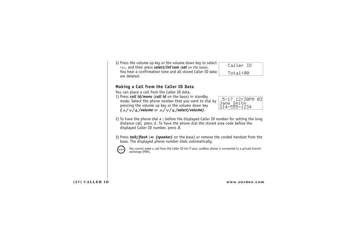 Uniden CXAI 5198 owner manual Making a Call from the Caller ID Data, Volume or / / /select/volume 