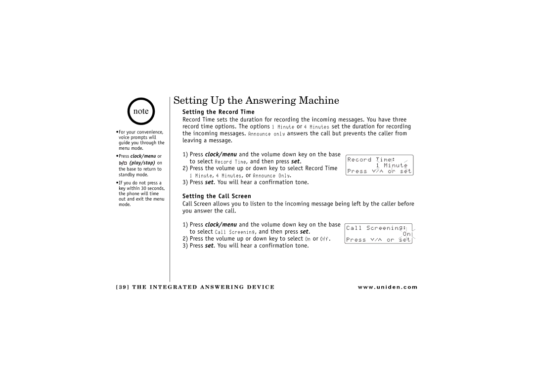 Uniden CXAI 5198 owner manual Setting Up the Answering Machine, Setting the Record Time, Setting the Call Screen 