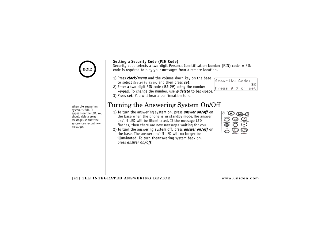 Uniden CXAI 5198 owner manual Turning the Answering System On/Off, Setting a Security Code PIN Code 