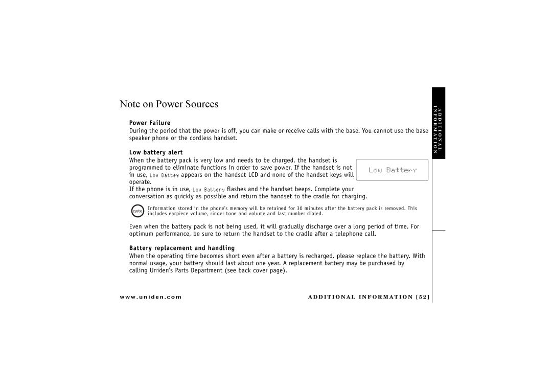 Uniden CXAI 5198 owner manual Power Failure, Low battery alert, Battery replacement and handling 