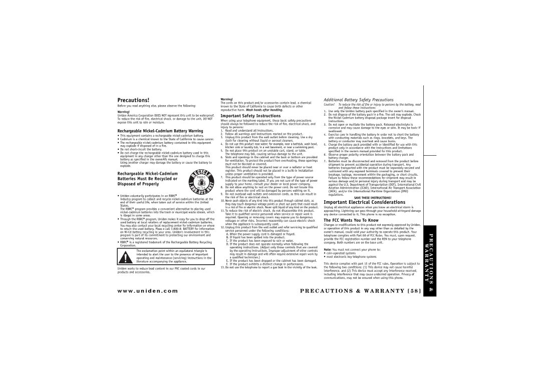 Uniden CXAI 5198 owner manual Precautions 