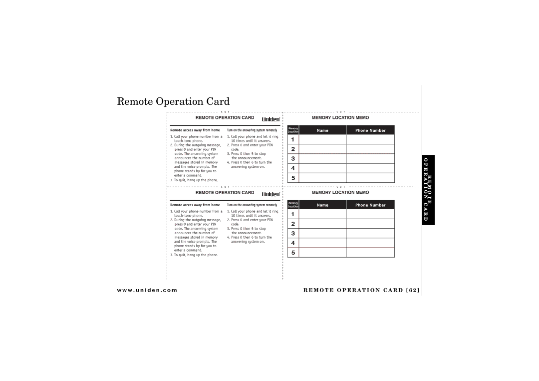 Uniden CXAI 5198 owner manual Remote Operation Card Memory Location Memo 