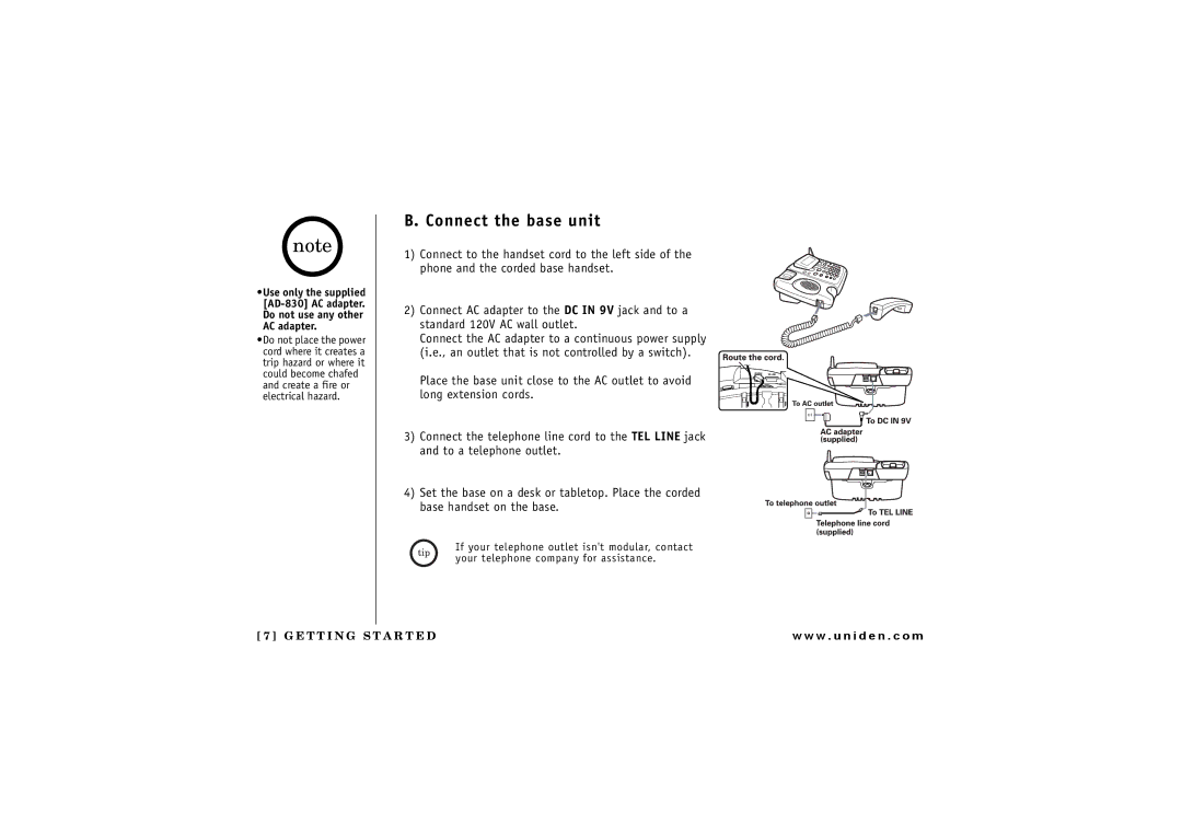 Uniden CXAI 5198 owner manual Connect the base unit 